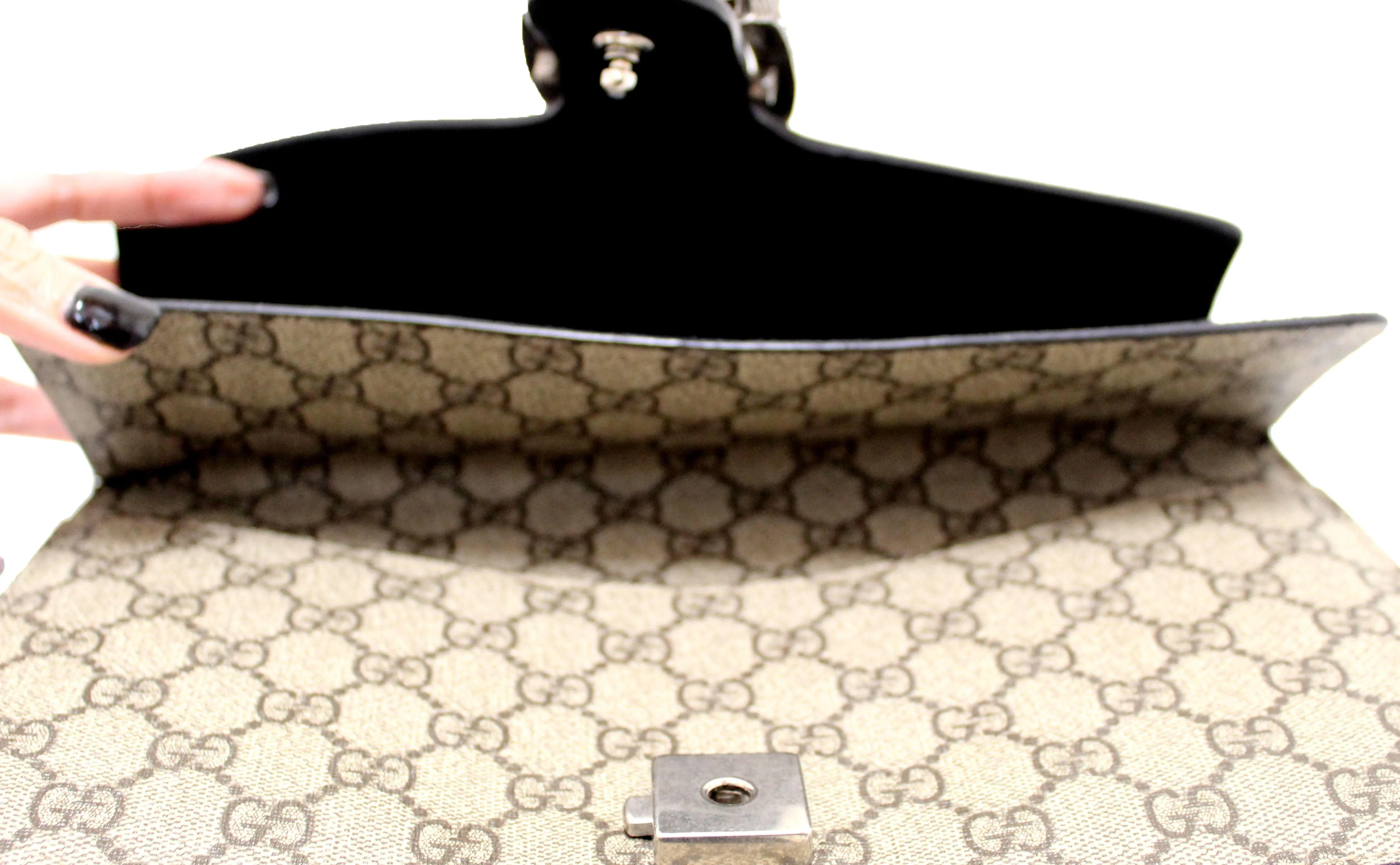 Authentic Gucci GG Supreme with Black Suede Dionysus Small Shoulder Bag