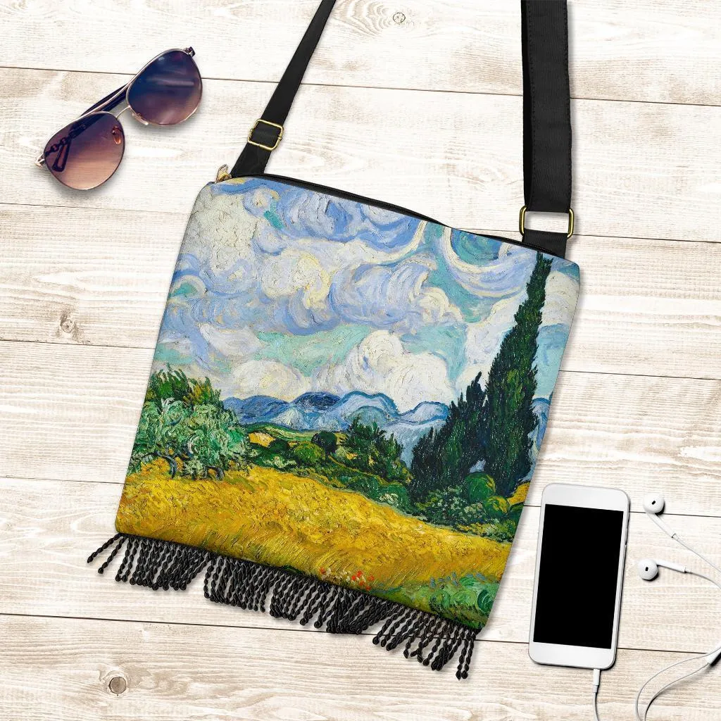 Boho Bag (Canvas) - Vintage Art | Vincent van Gogh: Wheat Field with Cypresses | Hobo Slouchy Bag Crossbody, Shoulder Bags for Women