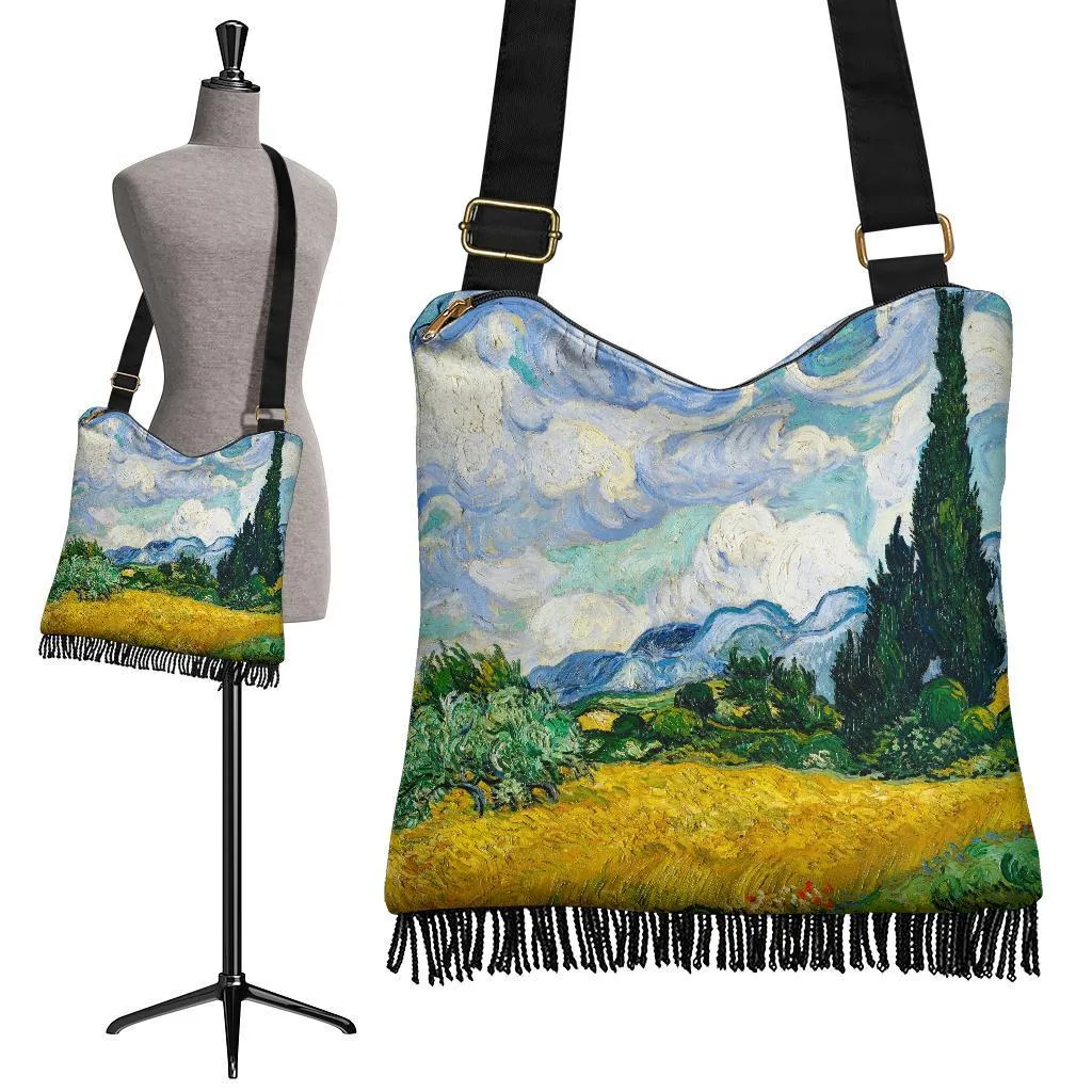 Boho Bag (Canvas) - Vintage Art | Vincent van Gogh: Wheat Field with Cypresses | Hobo Slouchy Bag Crossbody, Shoulder Bags for Women
