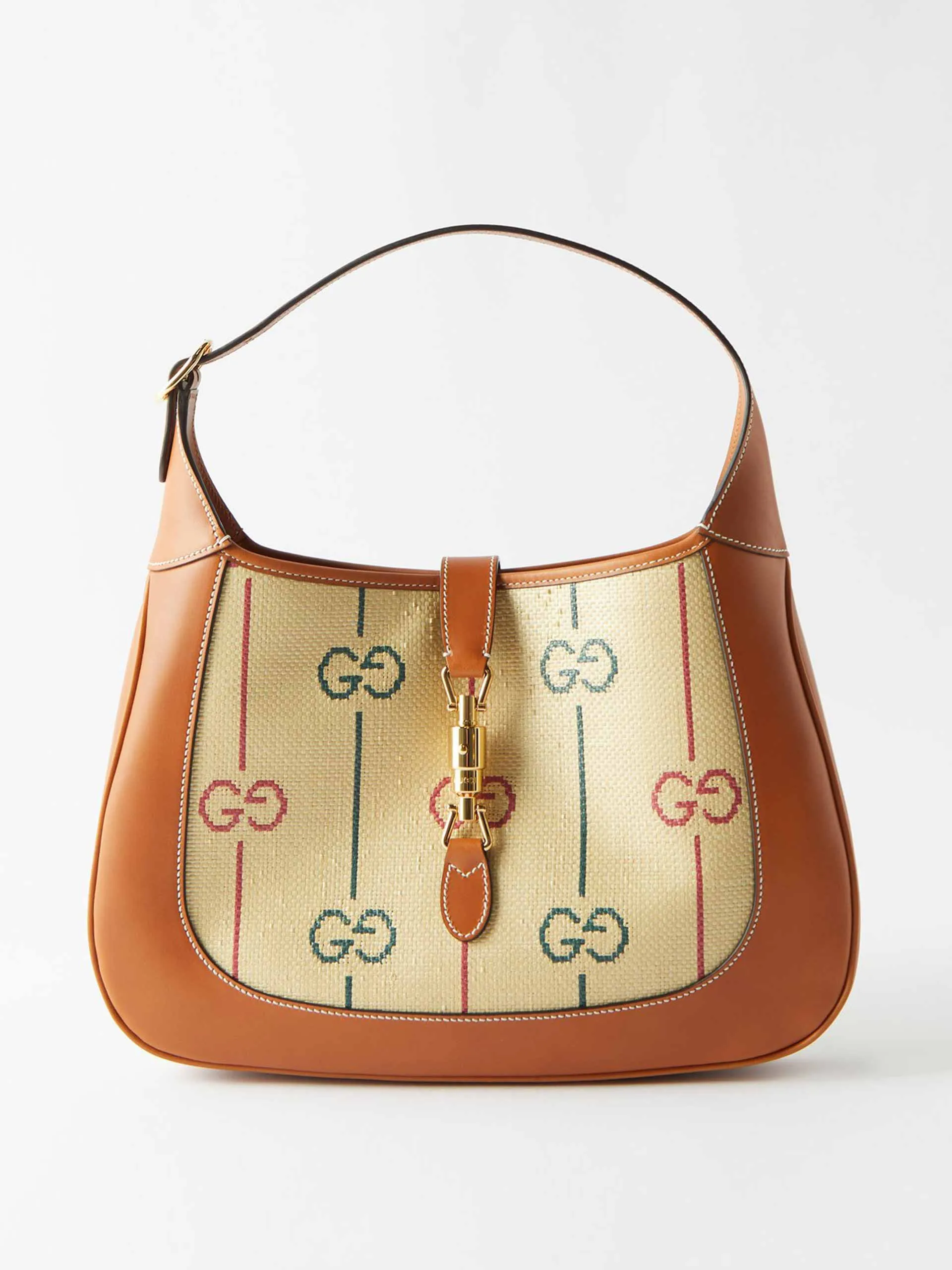 Canvas and tan leather-trimmed shoulder bag