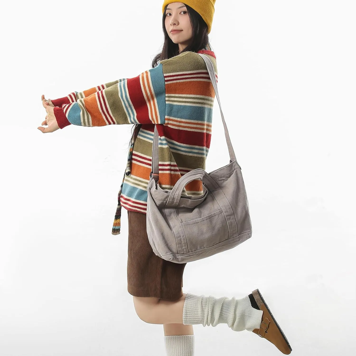 Canvas Tote Bag for Women with Pockets Cute Small Crossbody Bag Purses Handbag for Work Beach Tote Bag