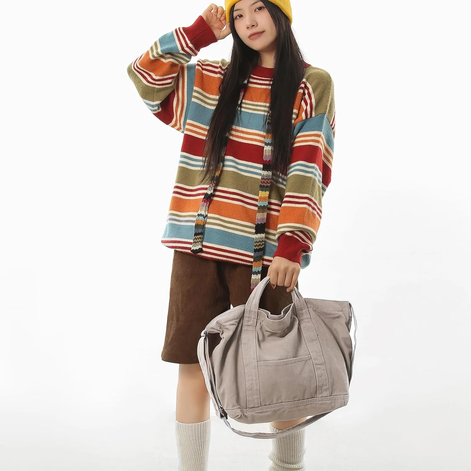 Canvas Tote Bag for Women with Pockets Cute Small Crossbody Bag Purses Handbag for Work Beach Tote Bag