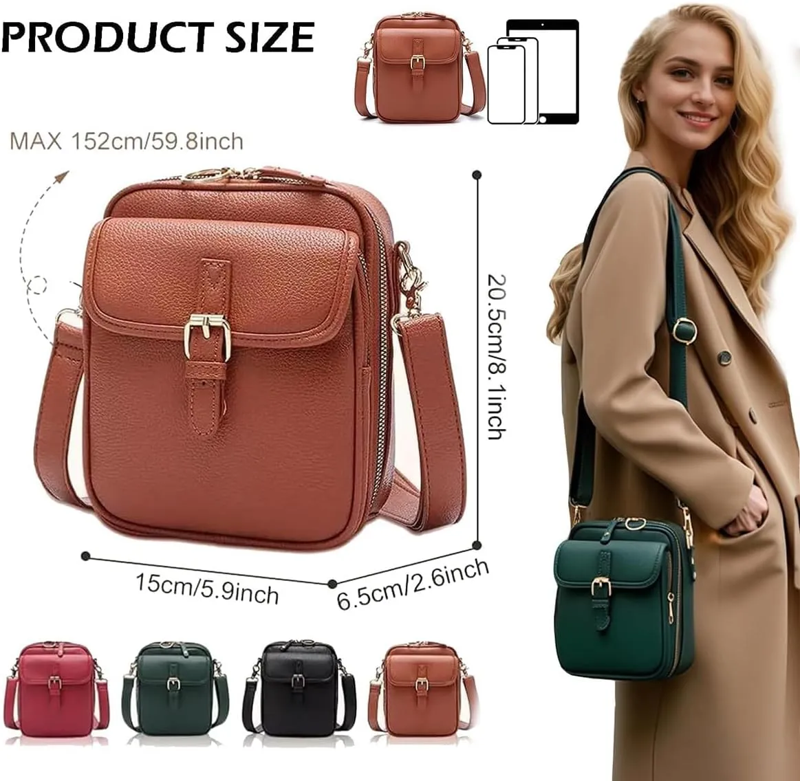 collaboraten1 Crossbody Leather Bag, Large Capacity with 10 Card Slots, Women's Anti-Theft Vintage Shoulder Messenger Bag