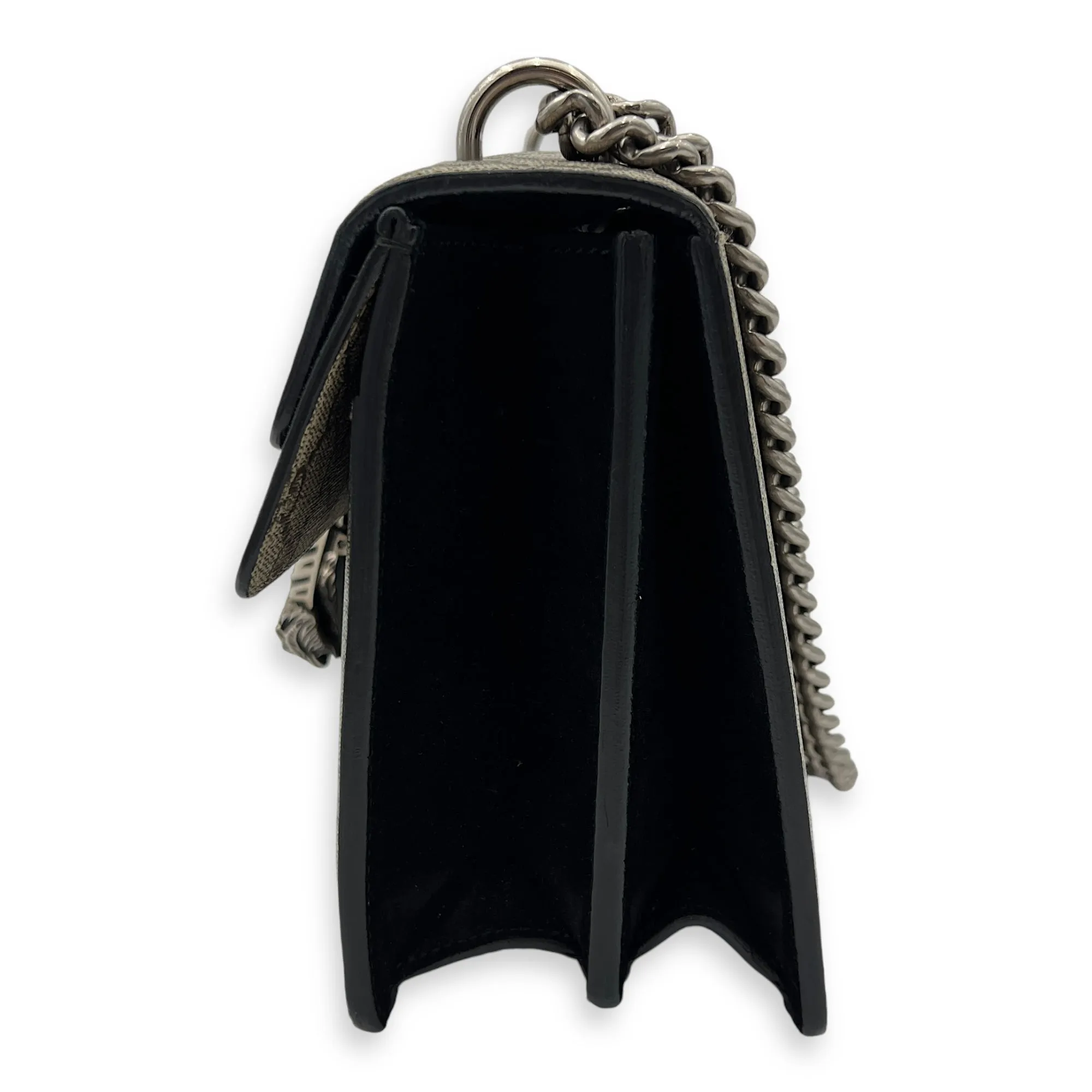 Dionysus Small Black Shoulder Bag in Coated Canvas, Silver hardware