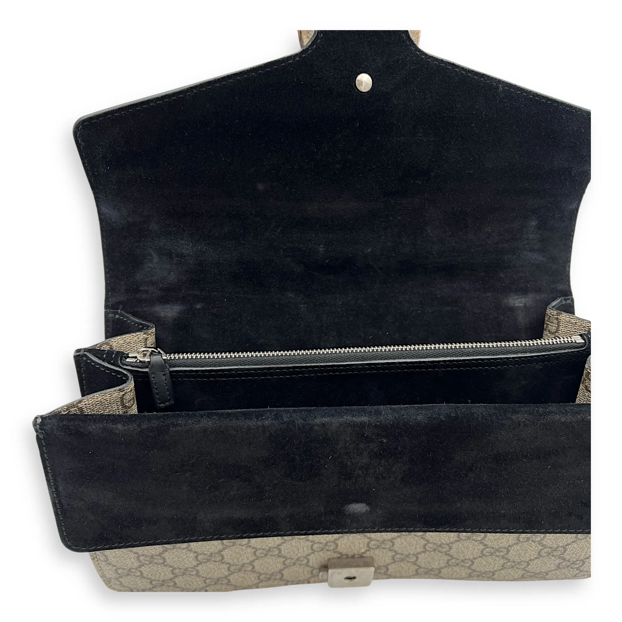 Dionysus Small Black Shoulder Bag in Coated Canvas, Silver hardware