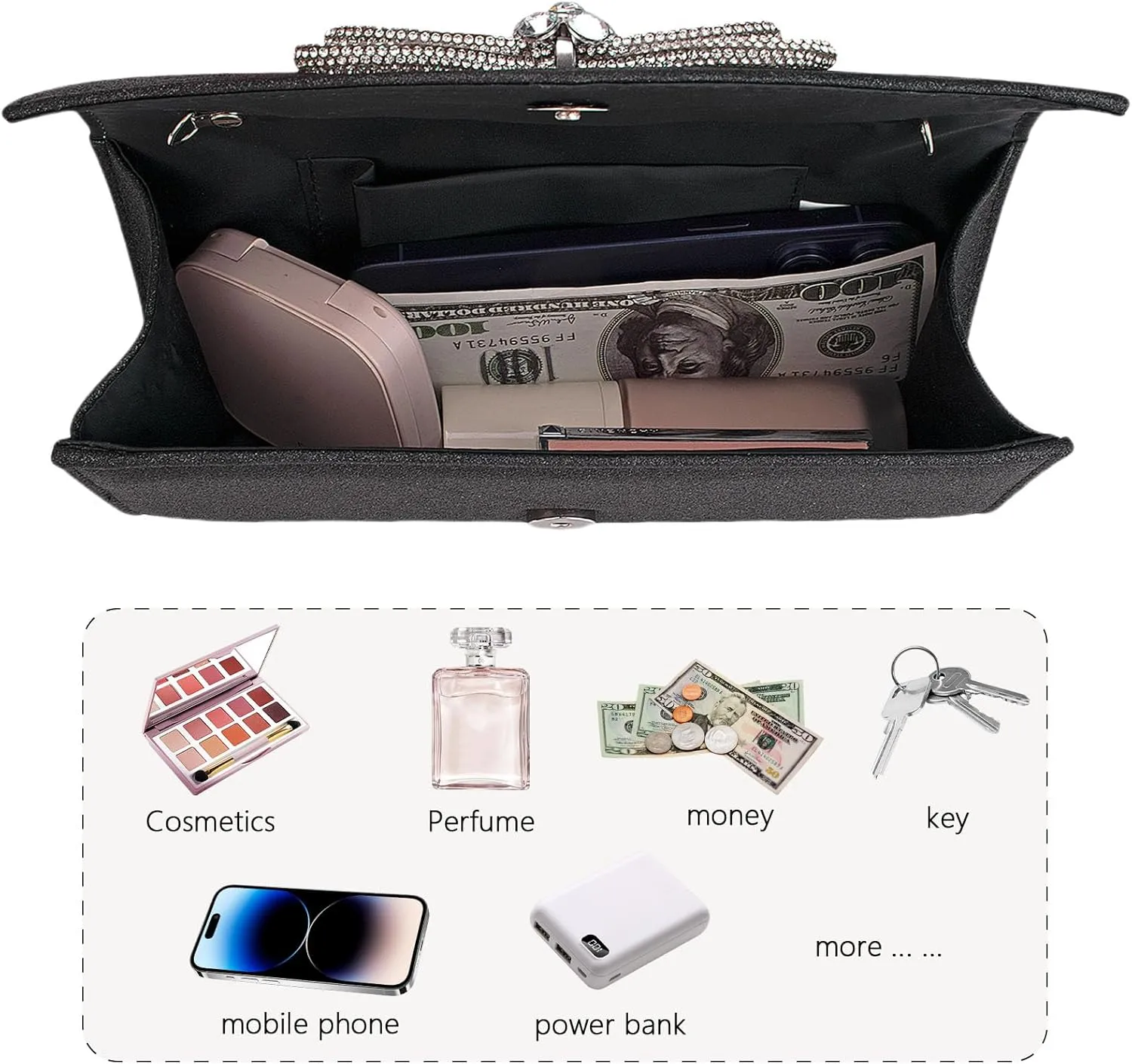 Gets Bow Evening Bag Rhinestone Clutch Purse for Women Sparkly Wedding Prom Purse Formal Cocktail Party Handbag with Chain