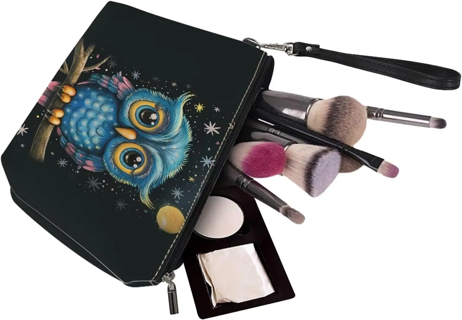 HUGS IDEA Cute Owl Print Makeup Bags Cosmetic Travel Carrying Case Toiletry Pouch with Zipper PU Leather Toiletry Bag Luggage Accessories