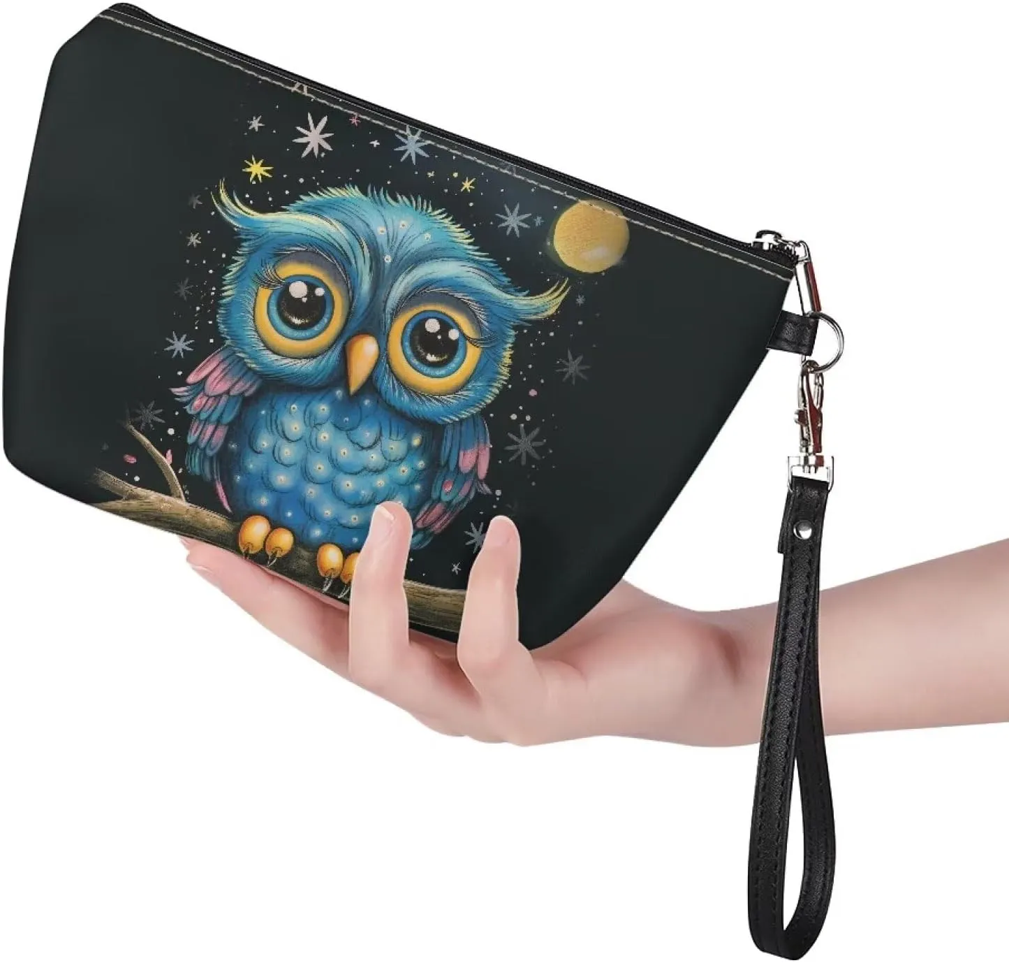 HUGS IDEA Cute Owl Print Makeup Bags Cosmetic Travel Carrying Case Toiletry Pouch with Zipper PU Leather Toiletry Bag Luggage Accessories