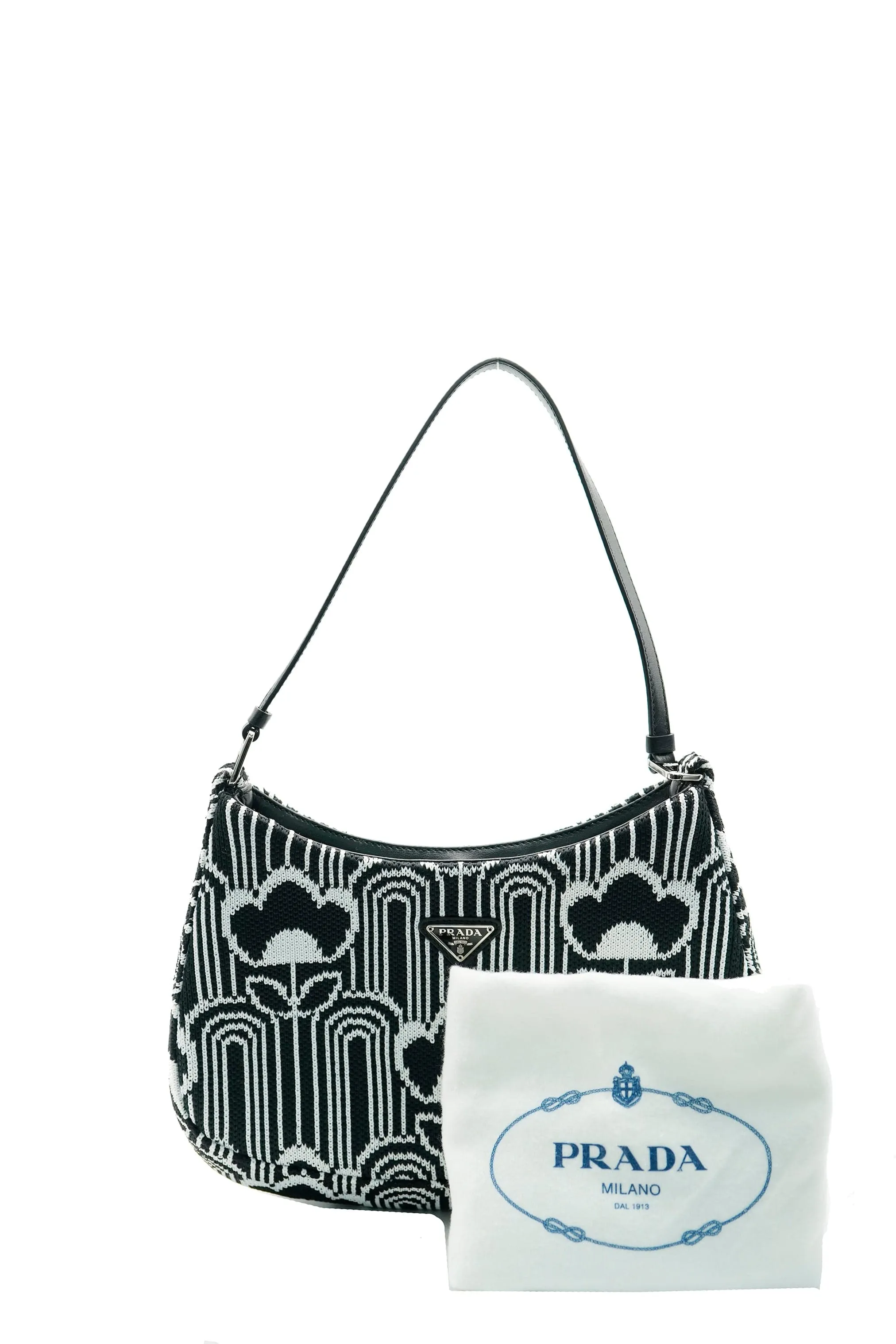 Prada Black White Jacquard Knit Cleo Shoulder Bag ABC0228