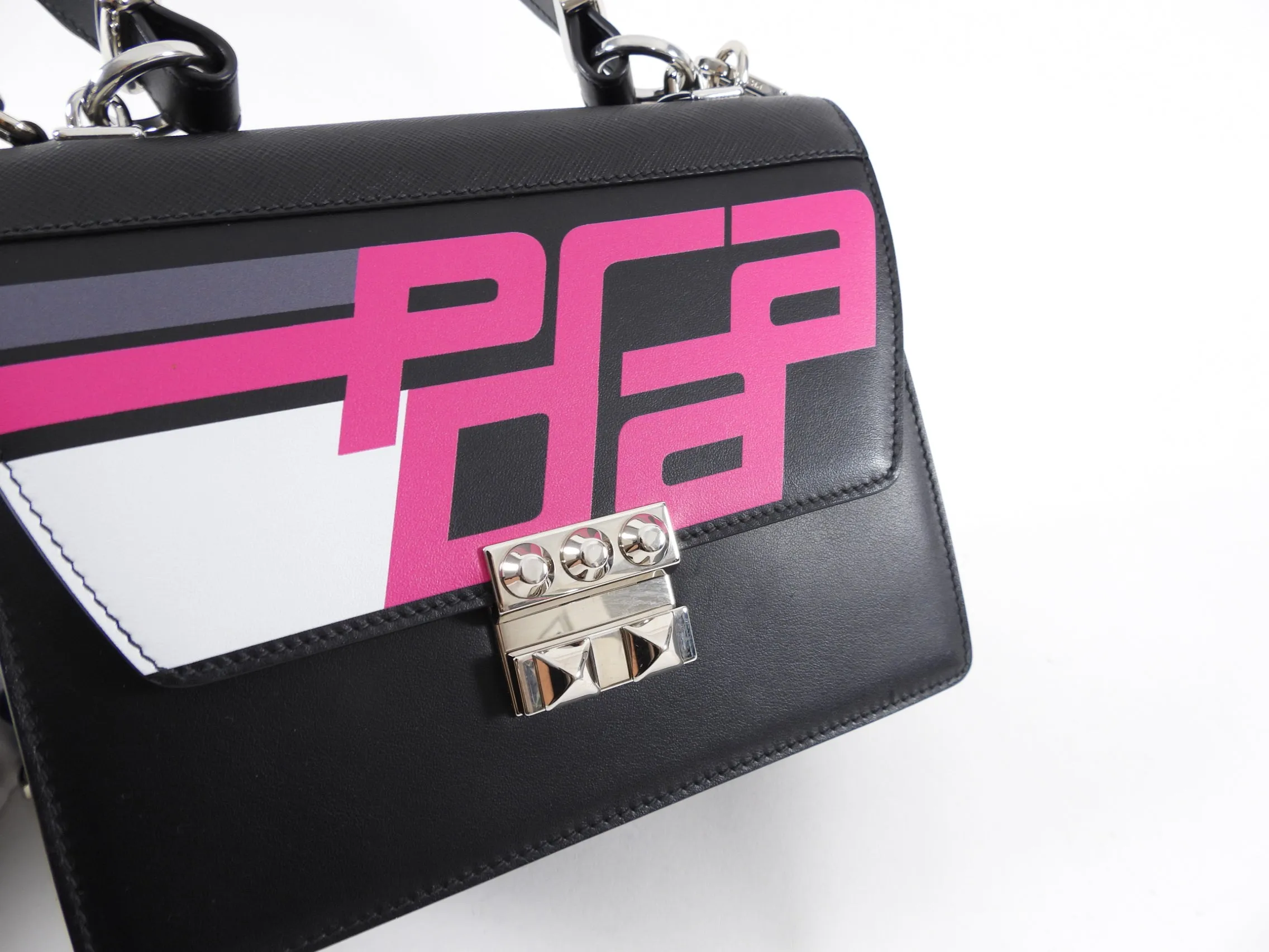 Prada Elektra Black Leather Satchel Bag with Pink Graphic Logo