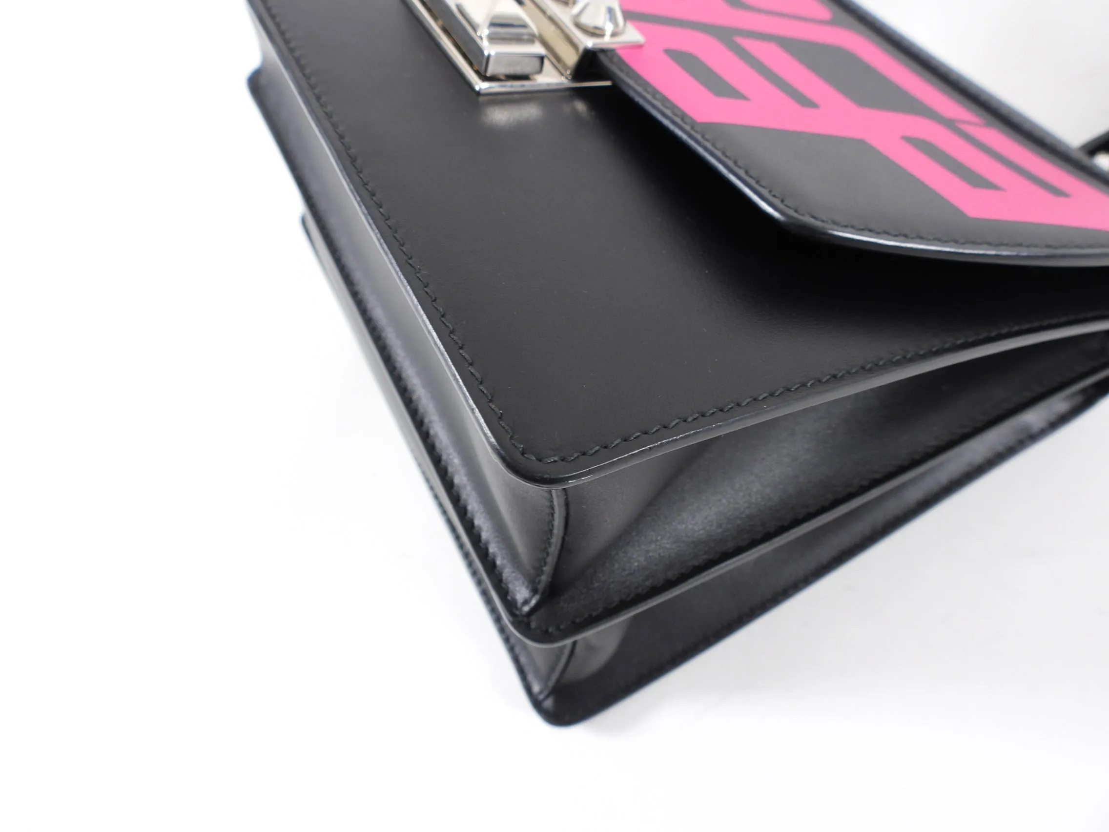Prada Elektra Black Leather Satchel Bag with Pink Graphic Logo