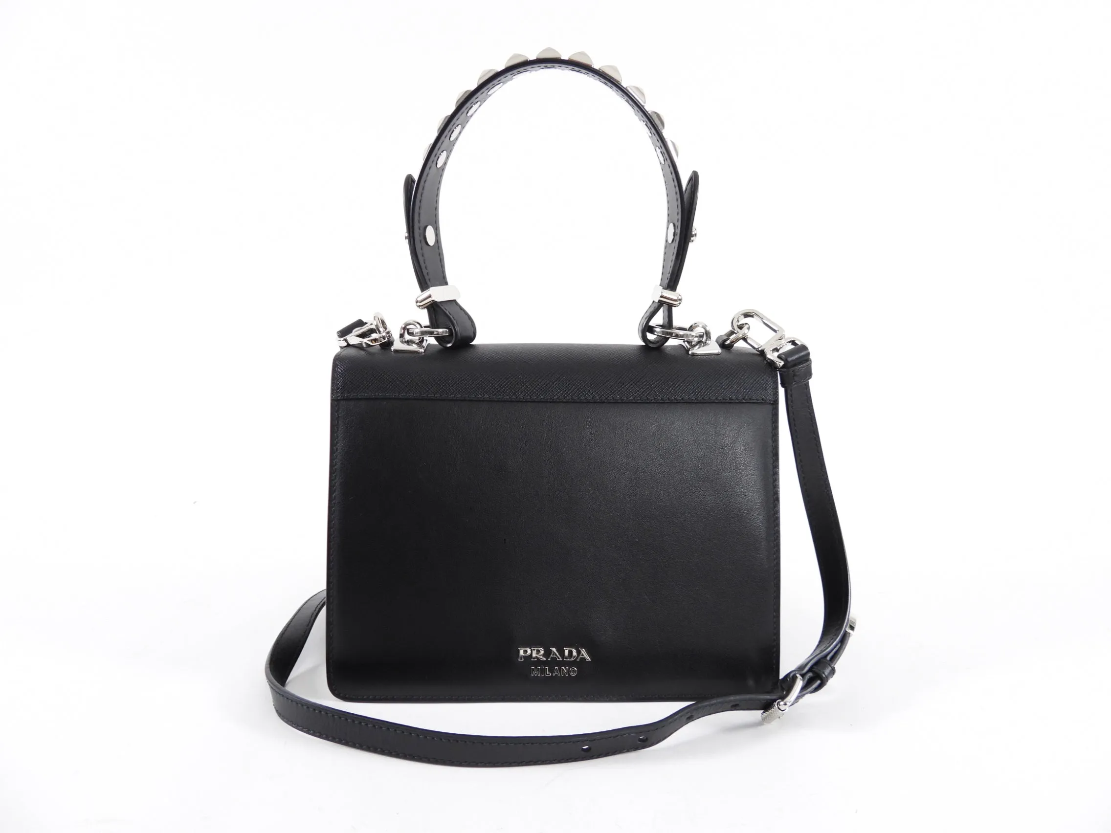 Prada Elektra Black Leather Satchel Bag with Pink Graphic Logo