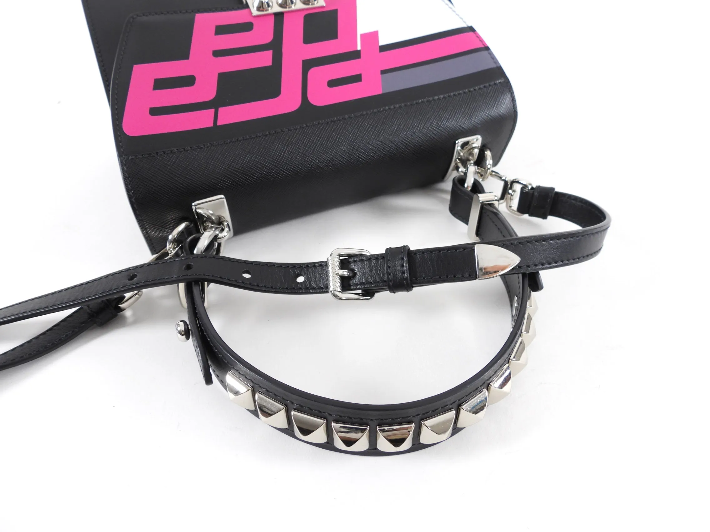 Prada Elektra Black Leather Satchel Bag with Pink Graphic Logo