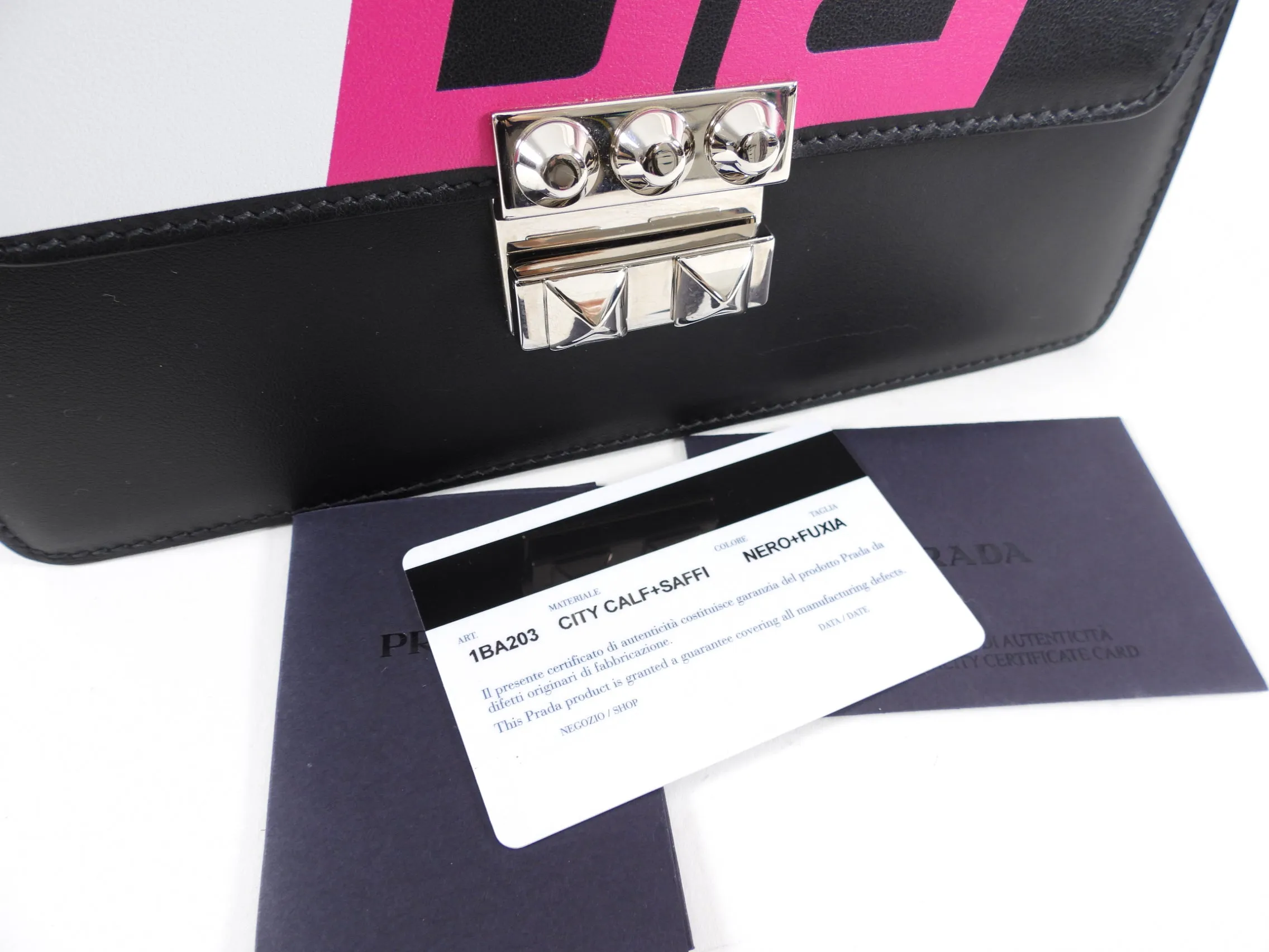 Prada Elektra Black Leather Satchel Bag with Pink Graphic Logo