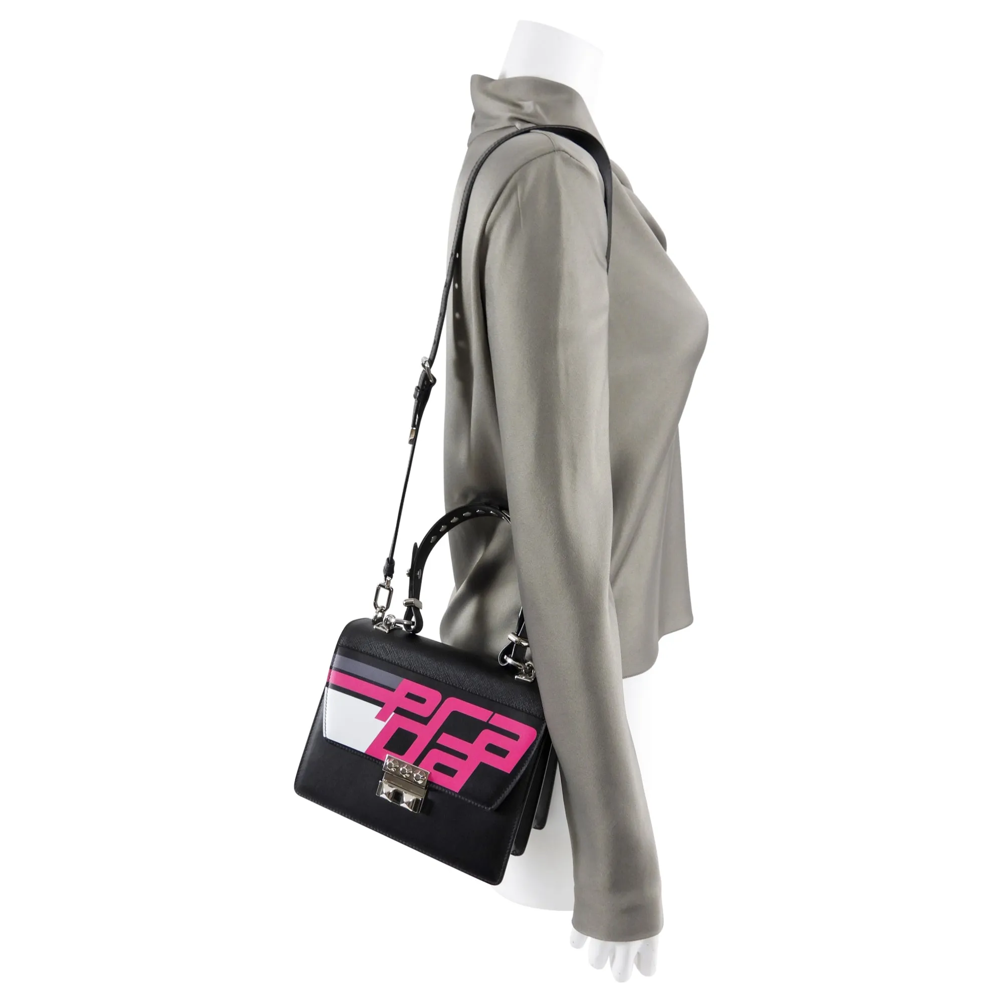 Prada Elektra Black Leather Satchel Bag with Pink Graphic Logo