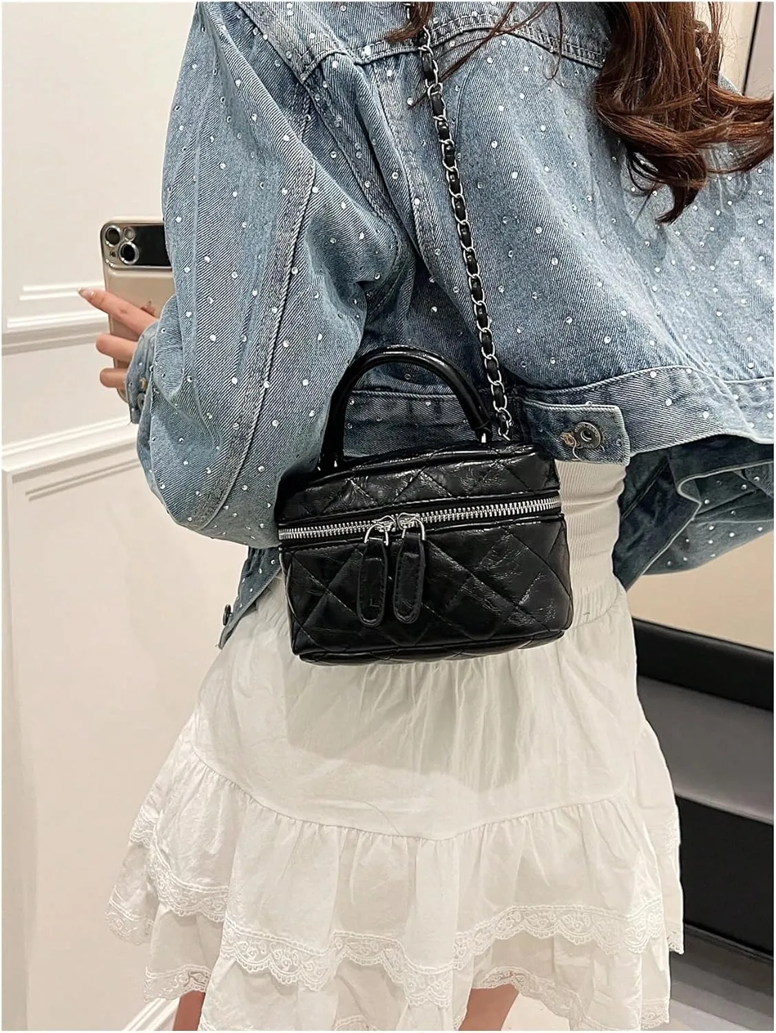 QWINEE Women's Silver Top Handle Crossbody Bag Small Crocodile Embossed Satchel Bag Mini Bucket Handbag
