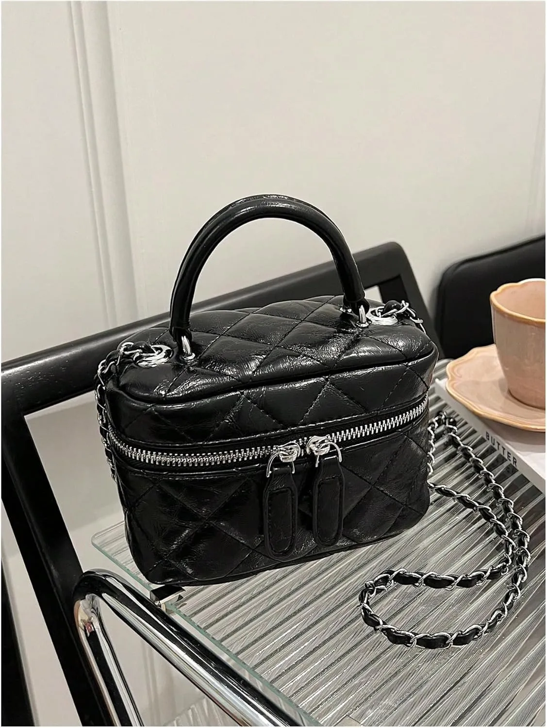 QWINEE Women's Silver Top Handle Crossbody Bag Small Crocodile Embossed Satchel Bag Mini Bucket Handbag
