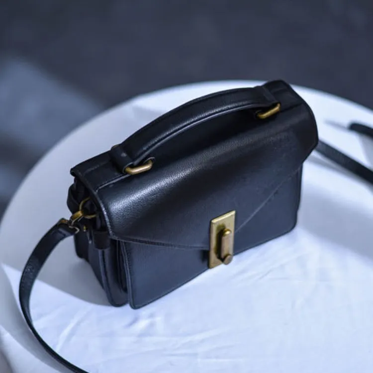Small Satchel Purse Black Leather Satchel Bag Structured Sling Bag