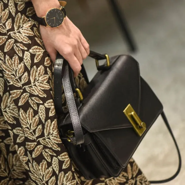 Small Satchel Purse Black Leather Satchel Bag Structured Sling Bag