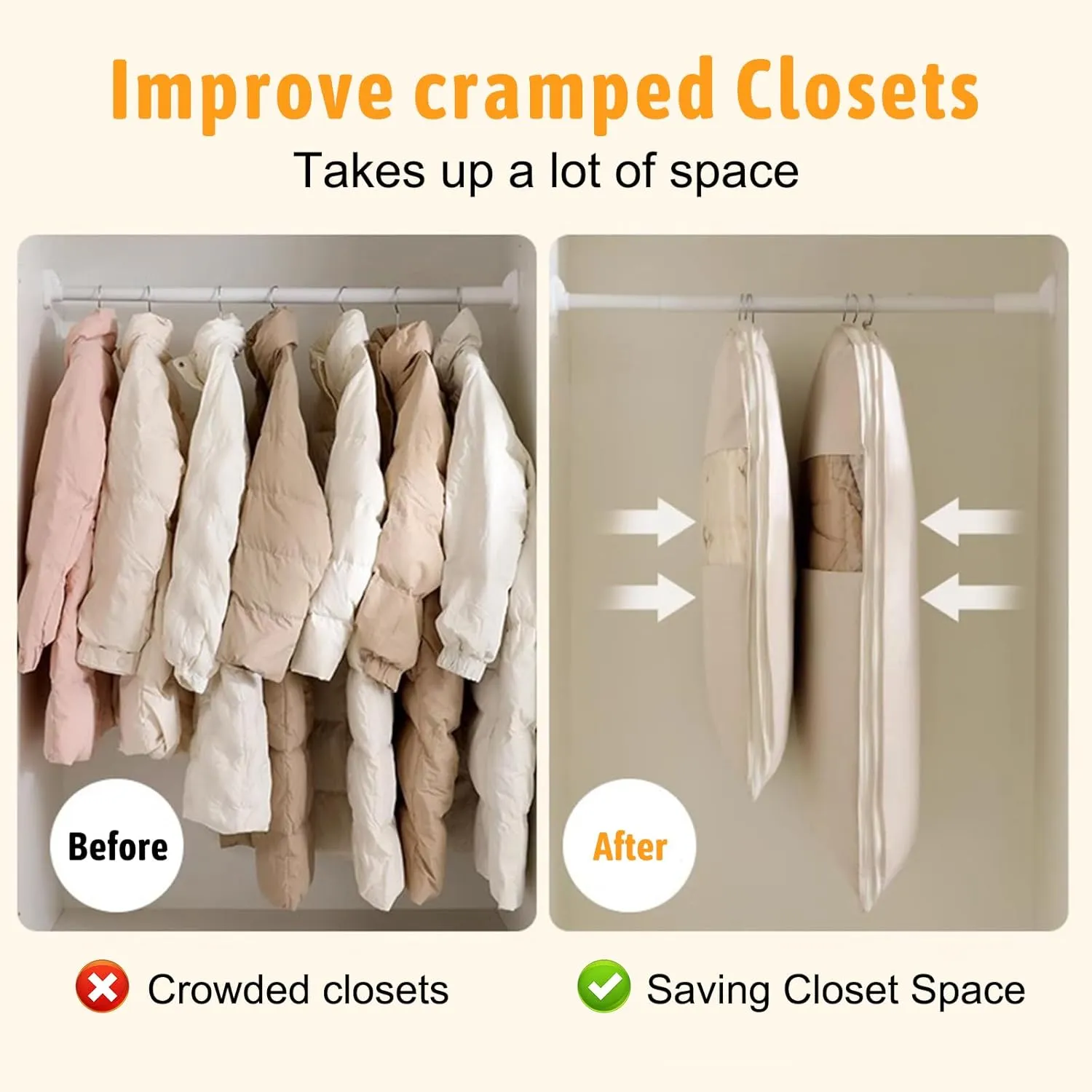 Space Saving Hanging Garment Bag with Self Compression Zipper,Space Saving Hanging Protector for Down Coat, Transparent Visibility Space Savin gown Coat Compression Dust Cover for Closet Storage