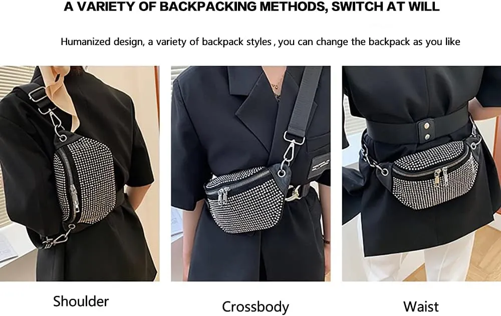 Sparkly Rhinestone Fanny Pack Belt Bags Crossbody Bag Waist Pouch Crossbody Purse Rhinestone for Women Club Party Beach Travel (Black)
