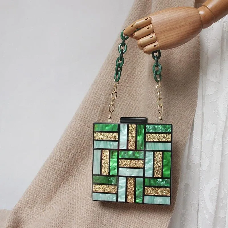 T-BOO  Fashion Evening Bag Cute Green Gold Acrylic Chain Handbags Women Luxury Square Party Wedding Bags Casual Vintage Box Clutch