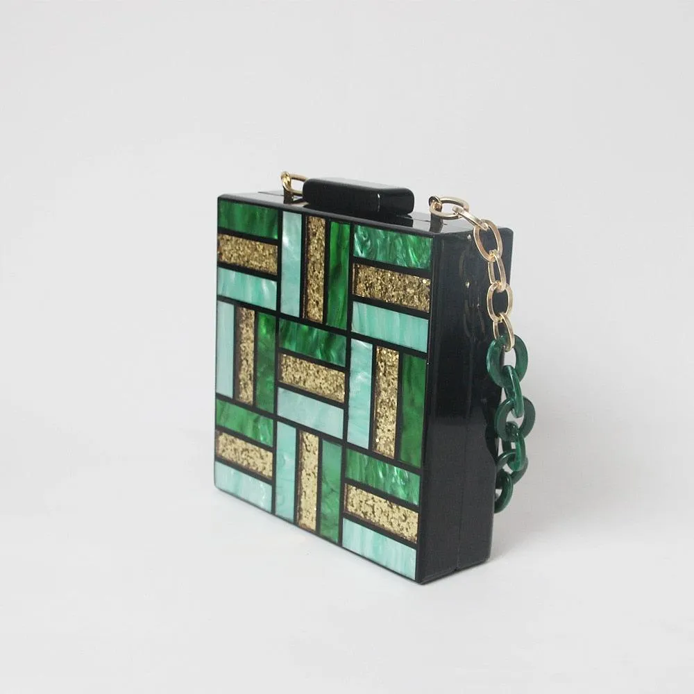 T-BOO  Fashion Evening Bag Cute Green Gold Acrylic Chain Handbags Women Luxury Square Party Wedding Bags Casual Vintage Box Clutch