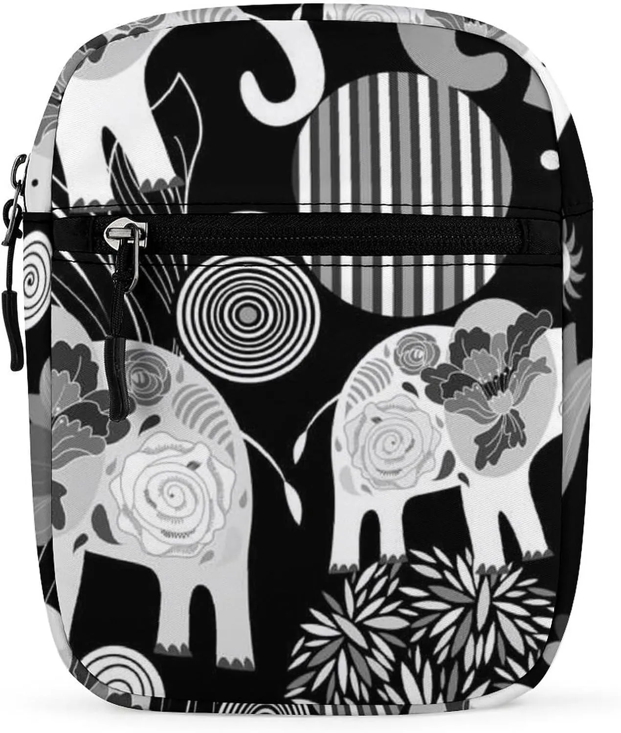 Vintage Enamored Elephants Elephant Circles Flowers on Dark Adjustable Fanny Waist Pack Pouch, Waterproof Crossbody Runners Bag Wallet for Gym Hiking Fitness Women Men 6.1 x 2.2 x 7.9 inch