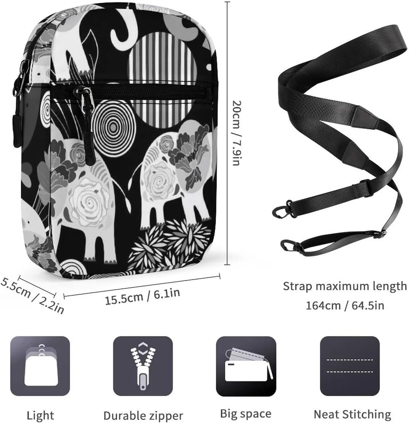 Vintage Enamored Elephants Elephant Circles Flowers on Dark Adjustable Fanny Waist Pack Pouch, Waterproof Crossbody Runners Bag Wallet for Gym Hiking Fitness Women Men 6.1 x 2.2 x 7.9 inch