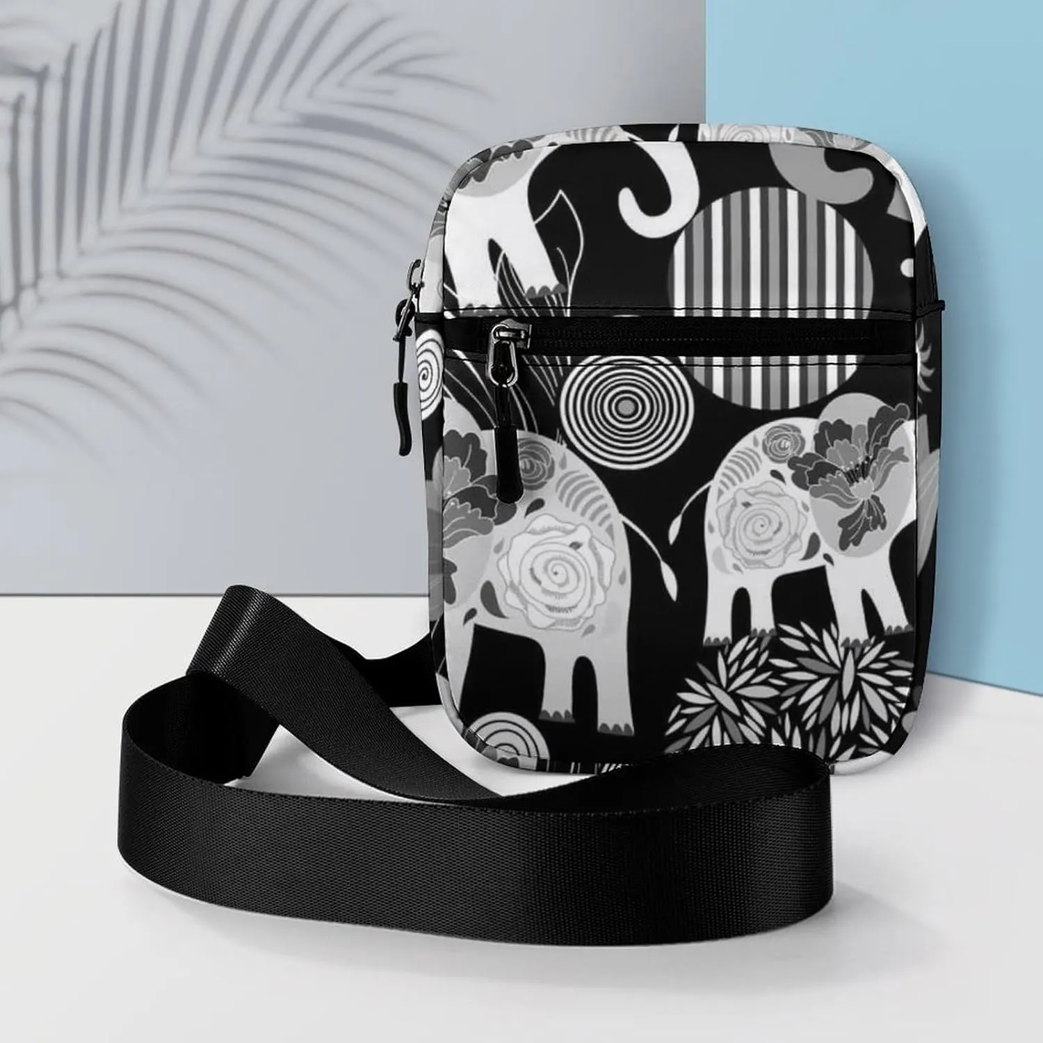 Vintage Enamored Elephants Elephant Circles Flowers on Dark Adjustable Fanny Waist Pack Pouch, Waterproof Crossbody Runners Bag Wallet for Gym Hiking Fitness Women Men 6.1 x 2.2 x 7.9 inch