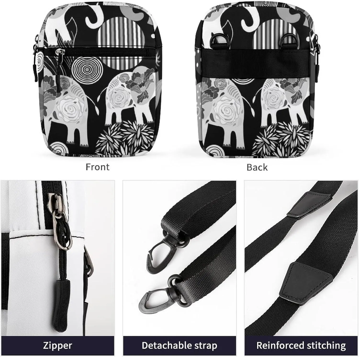 Vintage Enamored Elephants Elephant Circles Flowers on Dark Adjustable Fanny Waist Pack Pouch, Waterproof Crossbody Runners Bag Wallet for Gym Hiking Fitness Women Men 6.1 x 2.2 x 7.9 inch
