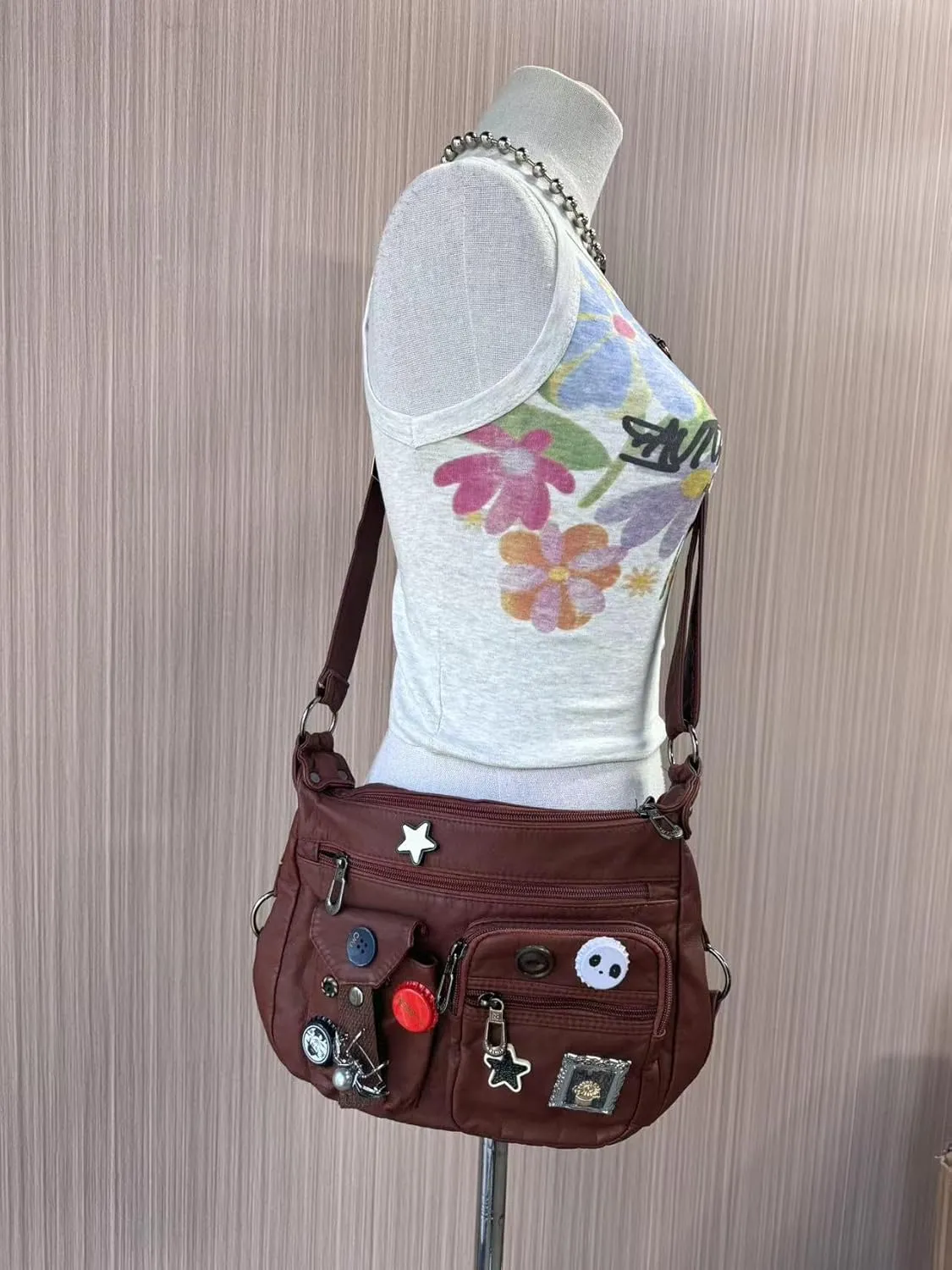 Vintage Y2K Crossbody Bag for Women- Adjustable Strap, Retro Button Design, Multi-Pocket PU Leather Bag