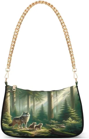 Wolf Family Landscape Tote Bag Hobo Handbag Shoulder Bag for Women Ladies Mini Clutch Purse with Zipper Closure